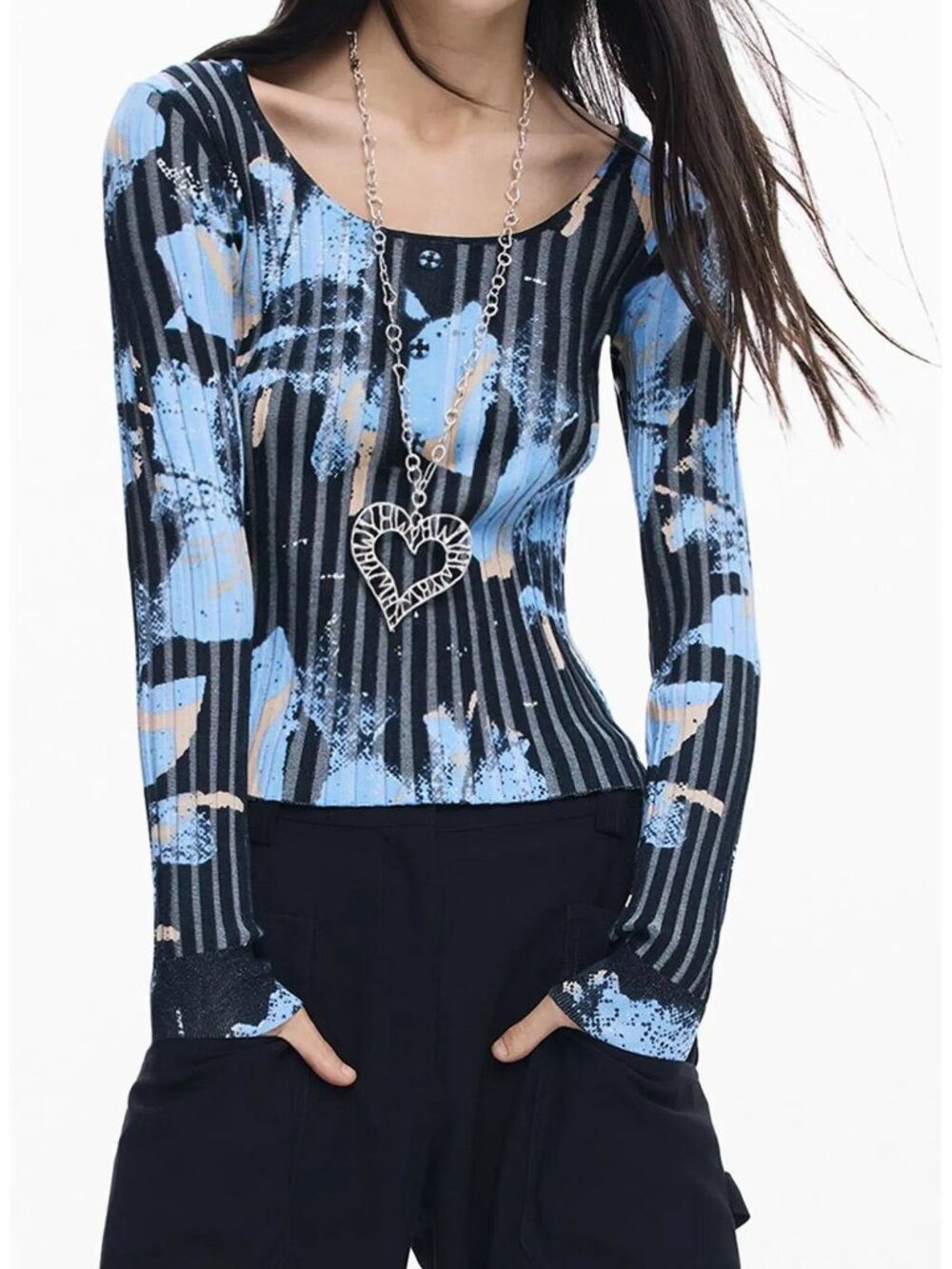 Desigual Abstract Print Rib Top Blue & Black sz L